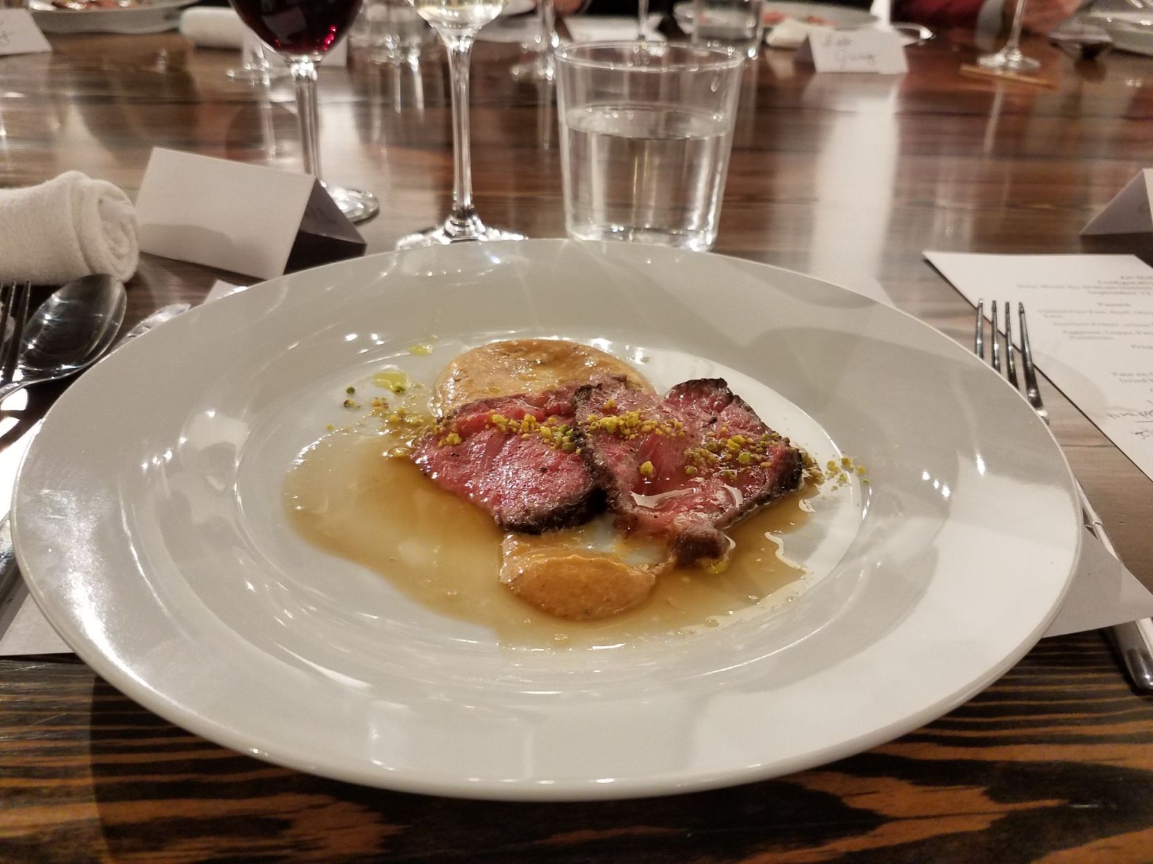 A5 Miyazaki Waygu beef strip loin, kale, pistachios, demi